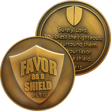 Front and back of The Lord's Favor As a Shield Antique Gold Plated Challenge Coin