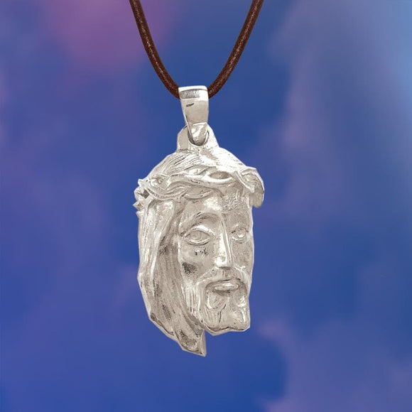 Men's Jesus Savior Relief Sterling Silver Pendant in purple and blue clouds 