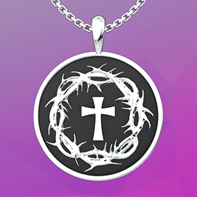 Crown of Thorns and Cross Sterling Silver Necklace on an 18 inch chain with a gradient purple background