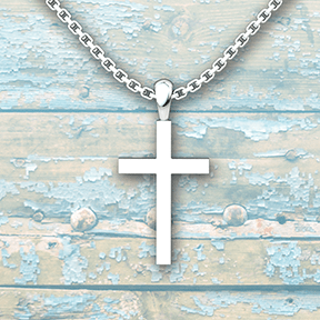 Simple Cross Sterling Silver Necklace with 18 inch chain on a blue rustic wooden background