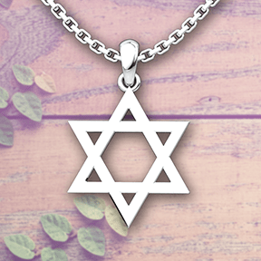 Star of David Sterling Silver Pendant with a 18 inch chain on wooden and leafy background 
