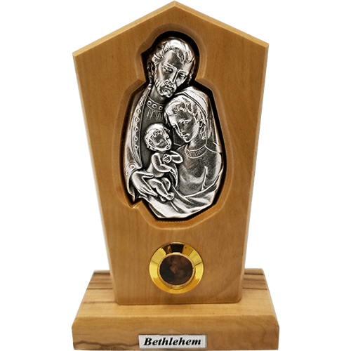 Holy Family Silver Plated Icon Olive Wood Stand - Medium