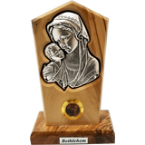 Virgin Mother Mary and Child Silver Plated Icon Olive Wood Stand - Medium