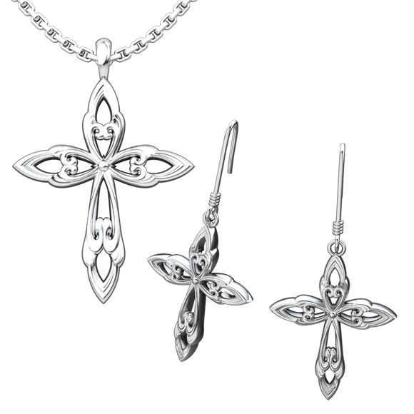 Leaf Cross Set: Sterling Silver Pendant and Earrings - Logos Trading Post, Christian Gift