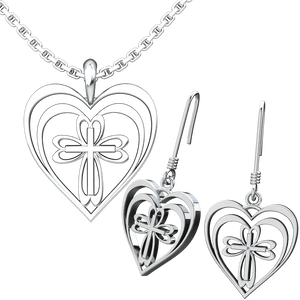Radiant Heart with Cross Set: Sterling Silver Pendant and Earrings - Logos Trading Post, Christian Gift