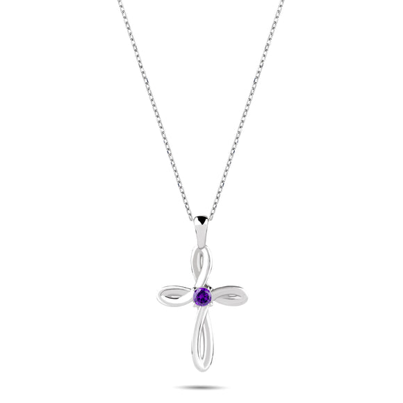 February Amethyst Birthstone Swirl Cross Sterling Silver Pendant Necklace - With 18