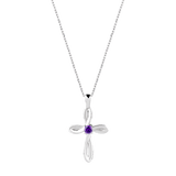 February Amethyst Birthstone Swirl Cross Sterling Silver Pendant Necklace - With 18" Sterling Silver Chain
