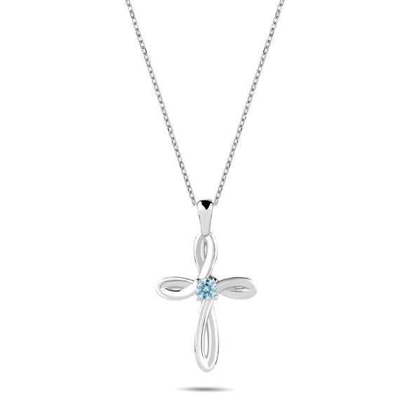 March, Aquamarine - Birthstone Swirl Cross Sterling Silver Pendant Necklace - With18
