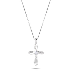 April Cubic Zirconia Birthstone Swirl Cross Sterling Silver Necklace - With 18" Sterling silver Chain