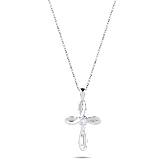 April Cubic Zirconia Birthstone Swirl Cross Sterling Silver Necklace - With 18