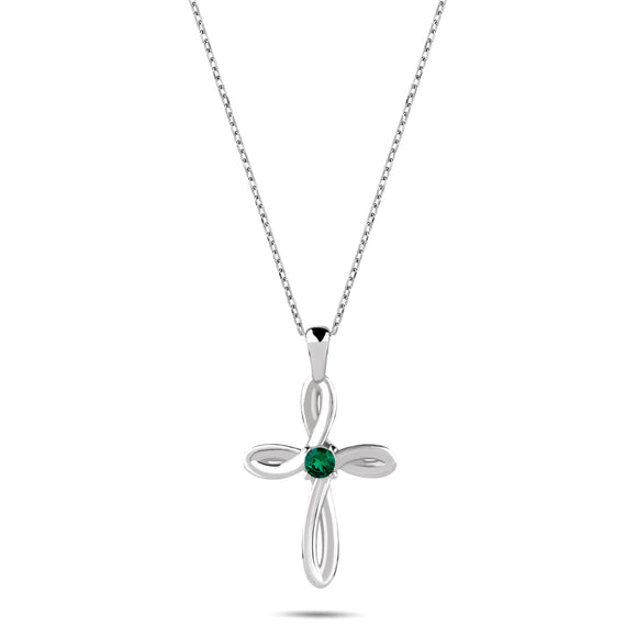 May Emerald Birthstone Swirl Cross Sterling Silver Necklace - 18