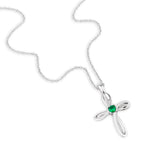 May Emerald Birthstone Swirl Cross Sterling Silver Necklace - 18" Sterling Silver Chain