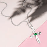 May Emerald Birthstone Swirl Cross Sterling Silver Necklace - 18" Sterling Silver Chain