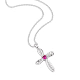 July Ruby Birthstone Swirl Cross Sterling Silver Necklace - With 18" Sterling Silver Chain