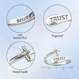 Sterling Silver Wrap Ring - Trust and Crucifix, One Size Fits Most