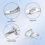 Sterling Silver Wrap Ring - Joy and Crucifix, One Size Fits Most