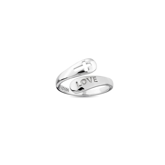 Sterling Silver Wrap Ring - Love and Cut Out Cross, One Size Fits Most