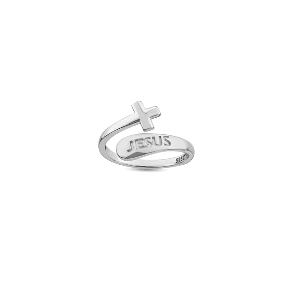 Sterling Silver Wrap Ring - Jesus and Simple Cross, One Size Fits Most