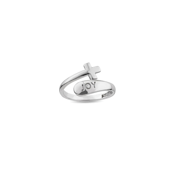Sterling Silver Wrap Ring - Joy and Simple Cross, One Size Fits Most