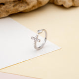 Sterling Silver Cubic Zirconia Cross Ring with Heart, One Size Fits Most