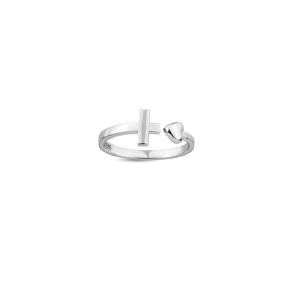 Sterling Silver Simple Cross Ring with Heart, One Size Fits Most