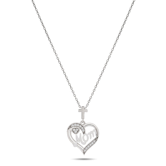 Mom Banner Heart Pendant with Cubic Zirconia Accents and Cross