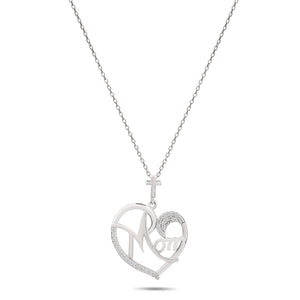 Mom Swirl Heart  Pendant with Cubic  Zirconia Accents and  Cross