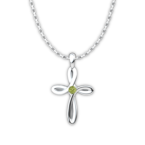 August Peridot Birthstone Swirl Cross Sterling Silver Necklace - With 18