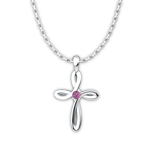 October Pink Tourmaline Birthstone Swirl Cross Sterling Silver Pendant Necklace