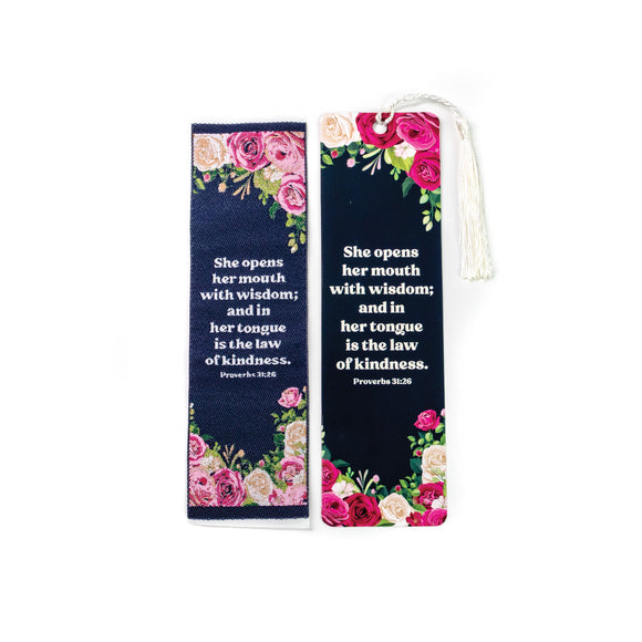 She opens her mouth with wisdom - Proverbs 31:26 Woven and Tasseled Bookmark Set