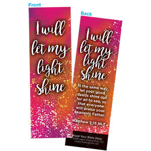 Children and Youth Bookmark, I Will Let My Light Shine, Matthew 5:16, Pack of 25, Handouts for Classroom, Sunday School, and Bible Study