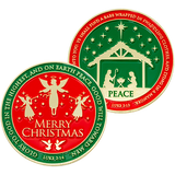 Front and Back of Merry Christmas Gold Plated Christian Challenge Coin 