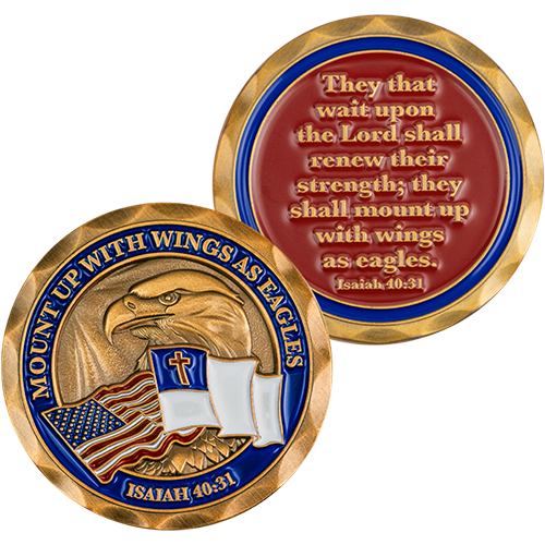 Front and back of Mount Up with Wings as Eagles Christian Challenge Coin