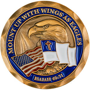  Front: Bald Eagle with American flag and Christian flag, with text, "Mount up with wings as eagles" / "Isaiah 40:31"