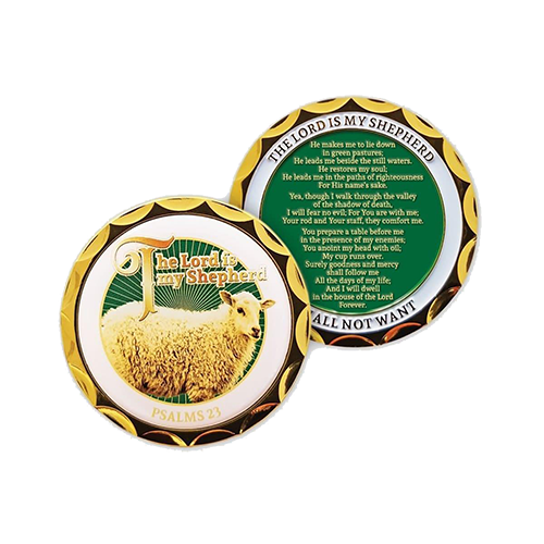 Front and back of The Lord is my Shepherd Gold Plated Christian Challenge Coin