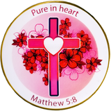 Front: Pink Heart Cross and flowers, with text, "Pure in heart" / "Matthew 5:8"