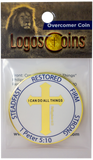 Front of Overcomers Gold Plated Challenge Coin For Men and Boys in packaging