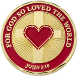 Front: cross with a heart, with the text "For God so loved the world" / "John 3:16"