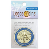 Front of Nurse Gold Plated Challenge Coin With Psalm 91 and Cura Personalis in packaging