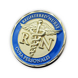 Front of Nurse Gold Plated Challenge Coin With Psalm 91 and Cura Personalis slightly tilted 