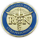 Front: registered nurse symbol with text "Registered Nurse" / "Cura Personalis", which is Latin for " Personal Care"