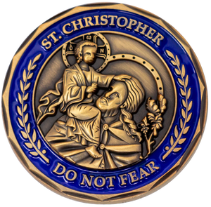 Front: St. Christopher and child Jesus, with text "Saint Christopher" / "Do not fear"
