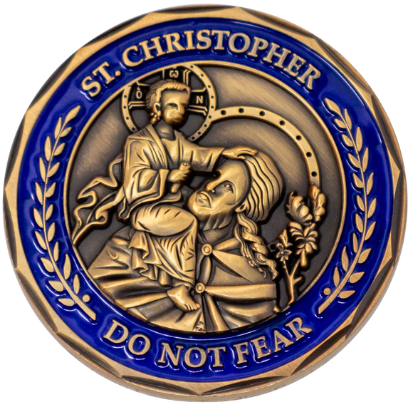 Front: St. Christopher and child Jesus, with text 