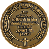 Back of Antique Gold-Plated Religious Challenge Coin Head of Christ with John 3:16 scripture