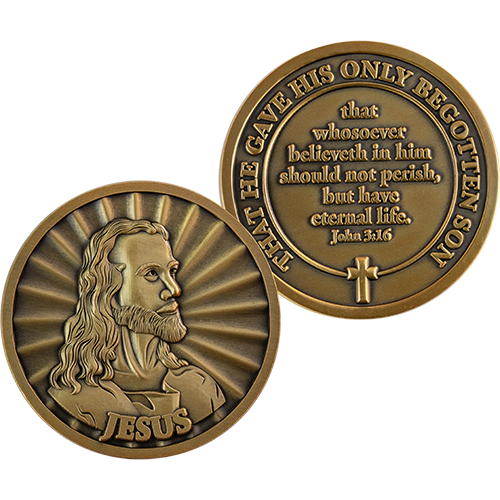 Both sides of the Antique Gold-Plated Religious Challenge Coin Head of Christ. Front with the Head of Christ. Back with john 3:16