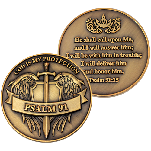 Front and back of Psalms 91 - God is My Protection Challenge Coin