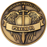 Front: Angel wings with sword and shield, with text, "God is my protection" / "Psalm 91"