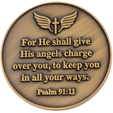 Back: Wings and cross, with text, "For He shall give His angels charge over you, to keep you in all your ways. Psalm 91:11"