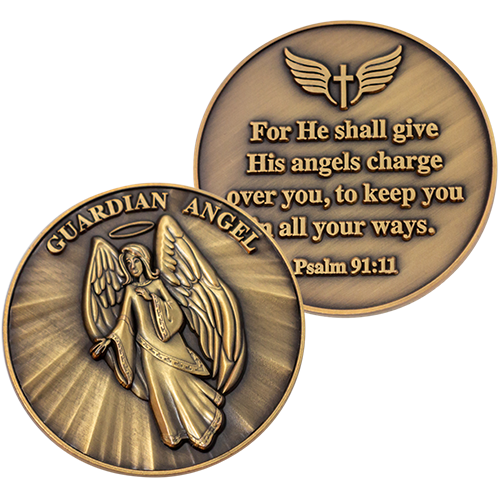 Guardian Angel Christian Antique Gold Plated Challenge Coin front and back 