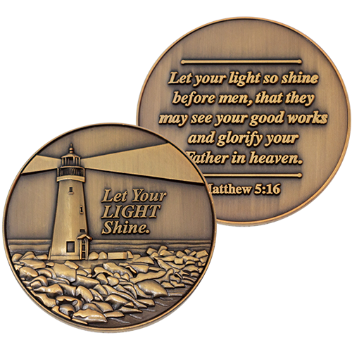 Let Your Light Shine Christian Antique Gold Plated Challenge Coin front and back